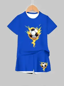 Boys Junior Athletic Lightning Flame Ball Print Short Sleeve Two-Piece Set, Casual Fitted Tee, Asymmetrical Design, Natural Waist, Regular Length Shorts