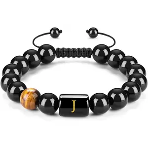 Initials Bracelets for Men Letter Link HandmadeNatural Black Onyx Tiger Eye Stone Beads BraidedRope Meaningful Bracelet, Letter A-Z Handmade High Quality Bracelet for Men, 26 Alphabet Wristband Jewelry