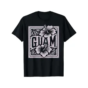 Men's Vintage Tribal 671 Guahan Guam T-Shirt - 100% Cotton 180GSM Crew Neck Short Sleeve, Black with White Hibiscus Floral & Bold GUAM Graphic, Casual Comfort Fit, Sizes S-XXXL