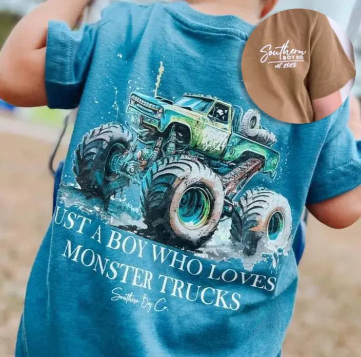 Youth Just A Boy Who Loves Monster Trucks youth 2-Side Tshirt, #southernboy clothes, father's dad gifts idea, boy clothing, country boy clothes, family tee
