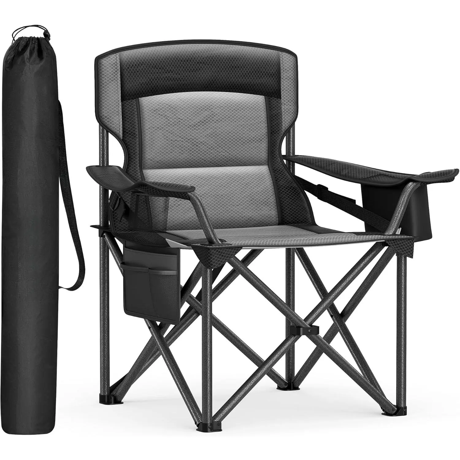 Oversized Lumbar Support Camping Chair, Heavy-Duty Outdoor Folding Chair Comfortable, Padded, Glamping, Cooler Bag, Weight Capacity 450 lb, Ink Black UGCB066B01