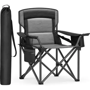 Oversized Lumbar Support Camping Chair, Heavy-Duty Outdoor Folding Chair Comfortable, Padded, Glamping, Cooler Bag, Weight Capacity 450 lb, Ink Black UGCB066B01