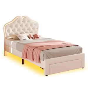 Twin Size Velvet Princess LED Bed Frame White Diamond Tufted Headboard Upholstered Tufted Headboard