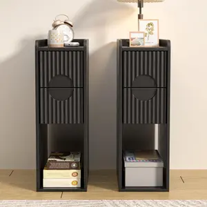 Night Stand , Narrow Nightstand with Drawers, Small Bedside Table, Skinny Bed Side Table, Modern Nightstand for Bedroom, Living Room, Wood, Fluted, Black