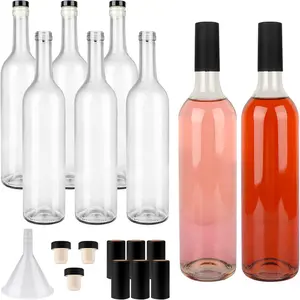 8 Pack 750ml Clear Glass Bottles with Cork Lids and PVC Shrink Capsules, Empty Home Brewing  Bottles with Funnel for Sparkling , Juice, Kombucha, Beverages