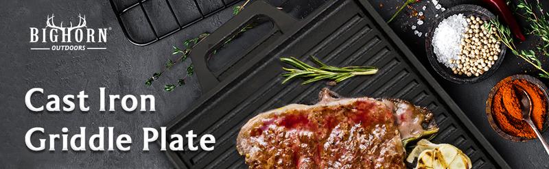 BIG HORN OUTDOORS Cast Iron Grill Plate - Double Sided Griddle with Handles for Gas Stove tops, Oven, and Open Fire - Cookware
