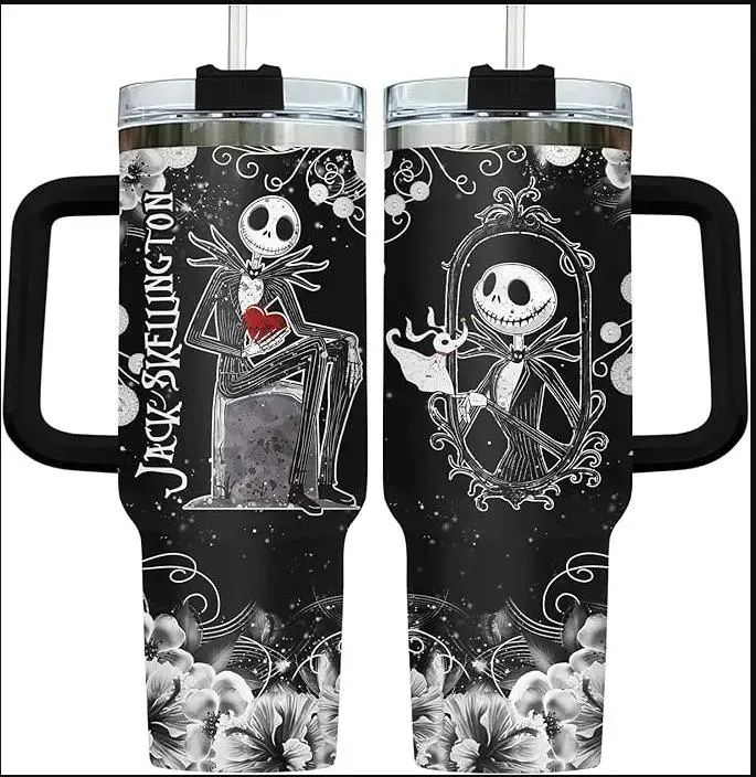 Skellingttton 40oz Tumbler Cup, Halloween Gifts for Movie Lovers Halloween 40oz Tumbler, 40oz Tumbler Cup with Handle, Nightmare Before Movie Cup, Halloween Insulated Tumbler