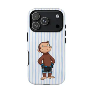 Sport Style Blue Stripe Curious George Animal Cute Cartoon Monkey Fighter Art Tough Phone Case. Nostalgic Athletic Aesthetic Rugged Shockproof Protective Cover For iPhone 17 Pro Max 16 Air 15 14 13 12 11.