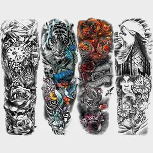 4pcs Colorful Temporary Tattoos, Wolf Rose Tiger Flower Bird Fish Watch Arm Stickers, Waterproof Realistic Body Art for Men Women Adults