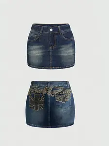 Y2K Summer Denim Mini Skirt, High Waist British Flag Embroidery, Vintage Look Slimming Half Skirt, Trendy Fashion for Women