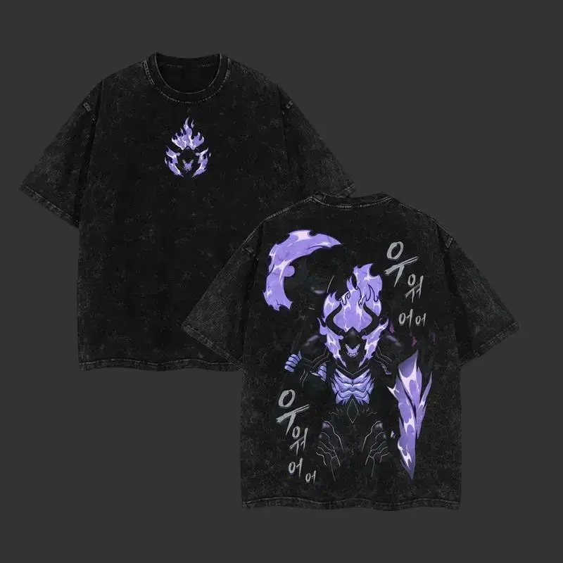 Men's Unisex Solo Leveling Graphic T-Shirt - 230gsm Heavyweight Cotton, Baggy Oversized Vintage Washed, Seamless Short-Sleeve Soft Tee with Shadow Soldiers Print, Apparel, Tshirt, Shortsleeve, Menswear, Classic, Ribbed, Round Neck, Fabric, Fake Drawstring