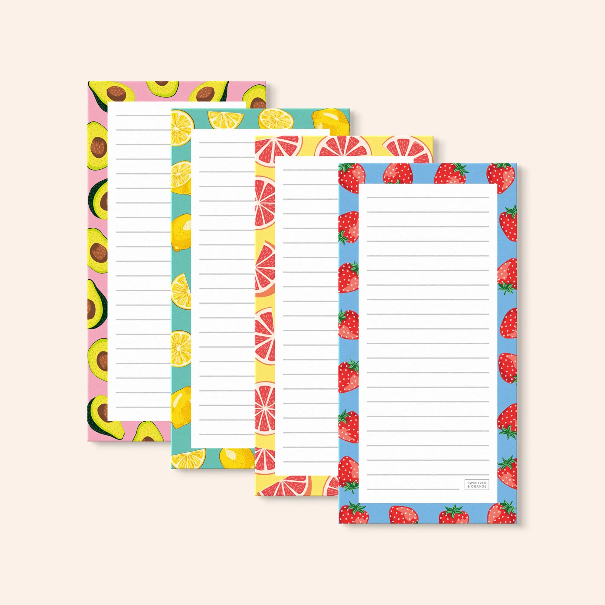 SWEETZER & ORANGE Magnetic Notepads for Refrigerator 4 Pack - Fun Fruity Magnetic Note Pad for Fridge Sets - 3.5” x 7”, 45 Pages