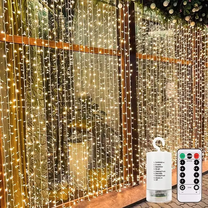 Curtain Lights Battery Operated, 9.8ft×9.8ft Hanging Lights with Remote Timer Fairy Curtain Lights for Bedroom Patio