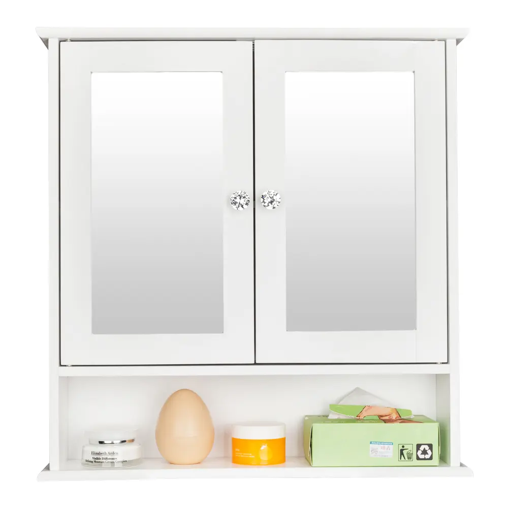 White Wall-Mounted Double-Door Mirror Cabinet with Shelves - Bathroom Storage Cupboard, Indoor Space-Saving Furniture Solution