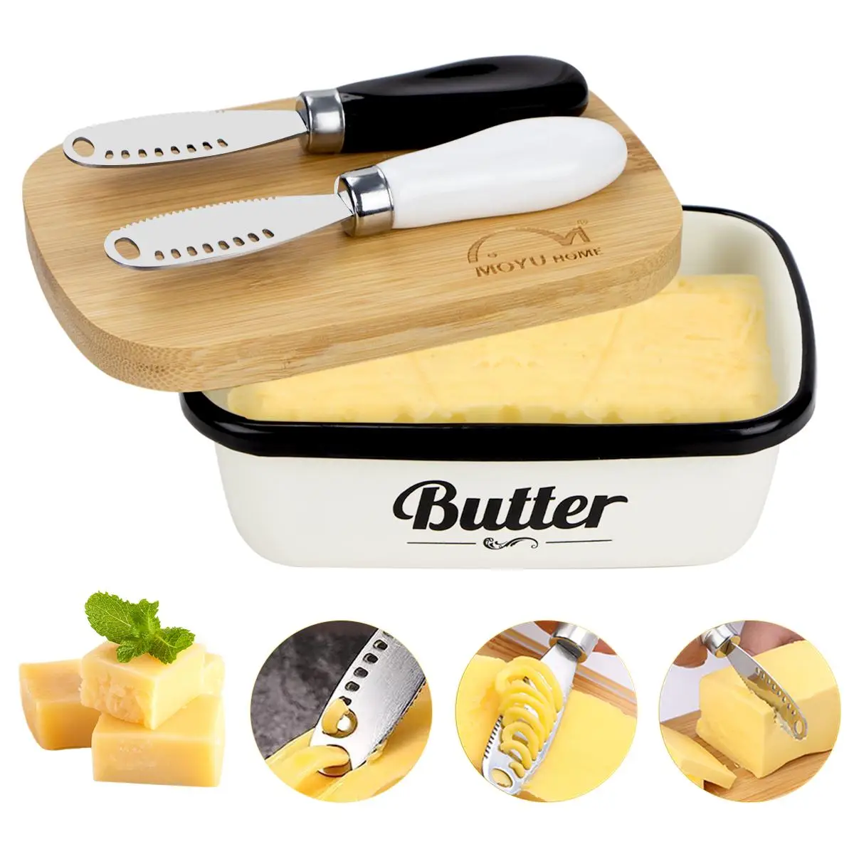Square Butter Dish with Bamboo Lid & Butter Knifes, 1 Set Household Butter Storage Box, Cutlery & Tableware Supplies for Kitchen, Kitchenware