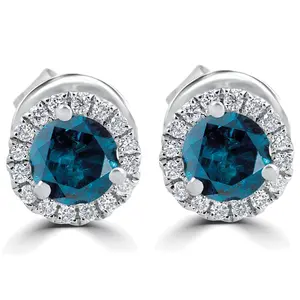 1Ct Blue Diamond Halo Studs 10k White Gold Earrings