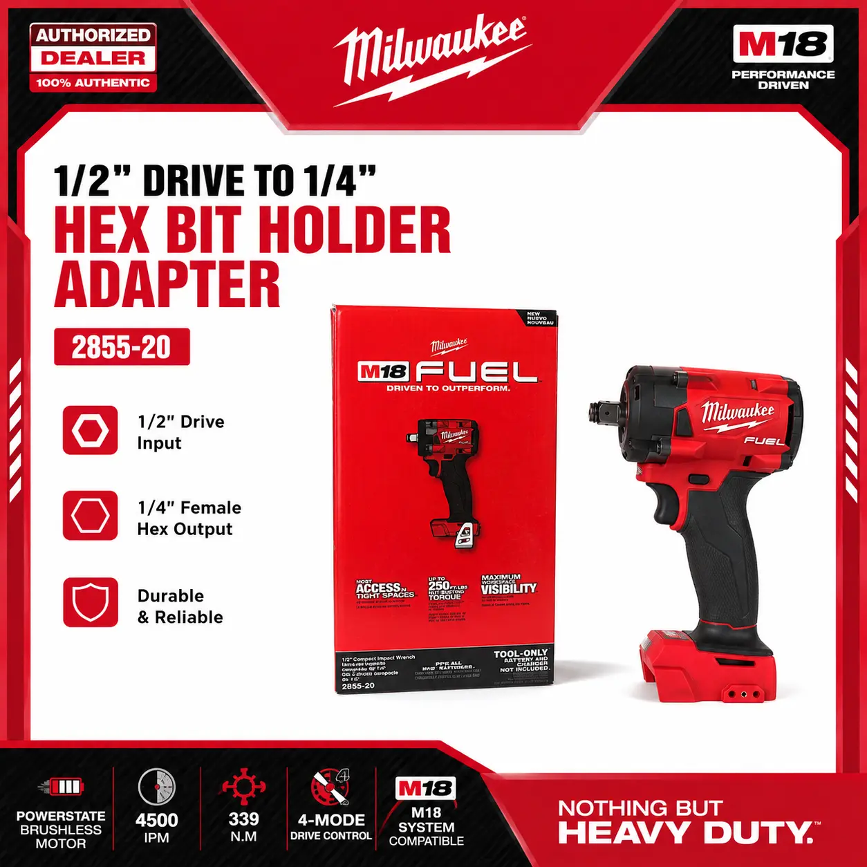 Milwaukee M18 FUEL 2855-20 2-in-1 Compact Impact Wrench, 1/2" Drive for Sockets & 1/4" Female Hex for Bits, Brushless 4-Mode LED, Tool Only m 18