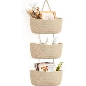Over The Door Hanging Basket 3-Tier Woven Boho Wall Mounted Storage Organizer with Hooks for Bedroom Nursery Bathroom Apartments Dorm Pantry Decor, Jute