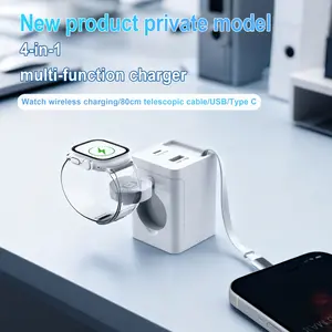 4 in 1 Wall Charger Adapter Foldable Plug, 33W Retractable USB C Cable, Wireless Magnetic Watch Charger With USB C + USB A Port for iPhone 17 16 15 iPad Samsung