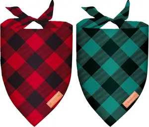 2 count Christmas Buffalo Plaid  Bandanas, Double-Sided Reversible Triangle Scarf, Red and Green Checkered Design, Holiday Pet Costume Accessories for Dogs and Cats (Small)