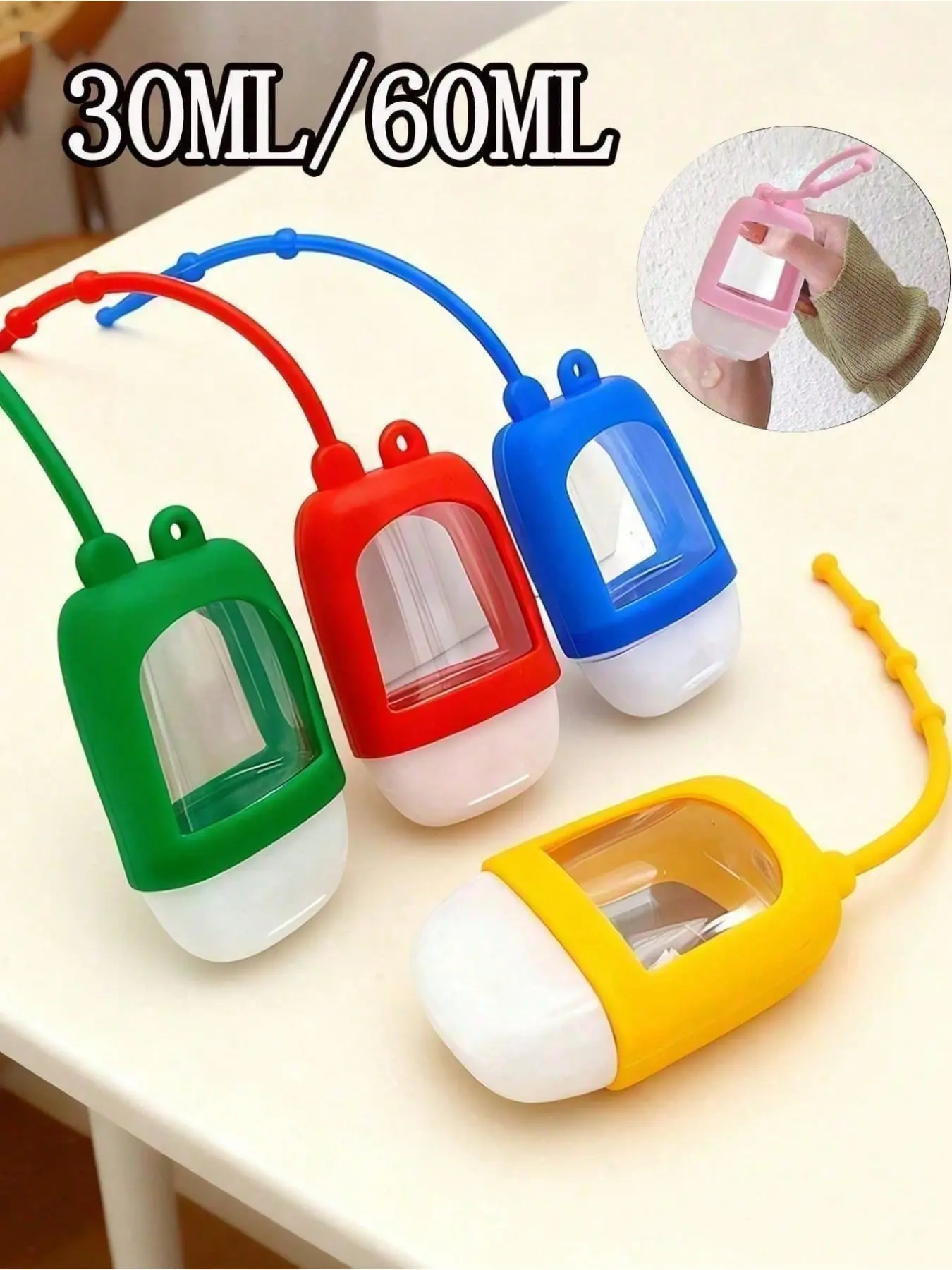 Travel transparent plastic bottle with silicone cap, portable hand sanitizer bottle with keychain, refillable, 30ml/60ml leak-proof empty squeeze container, flip-top (color random)