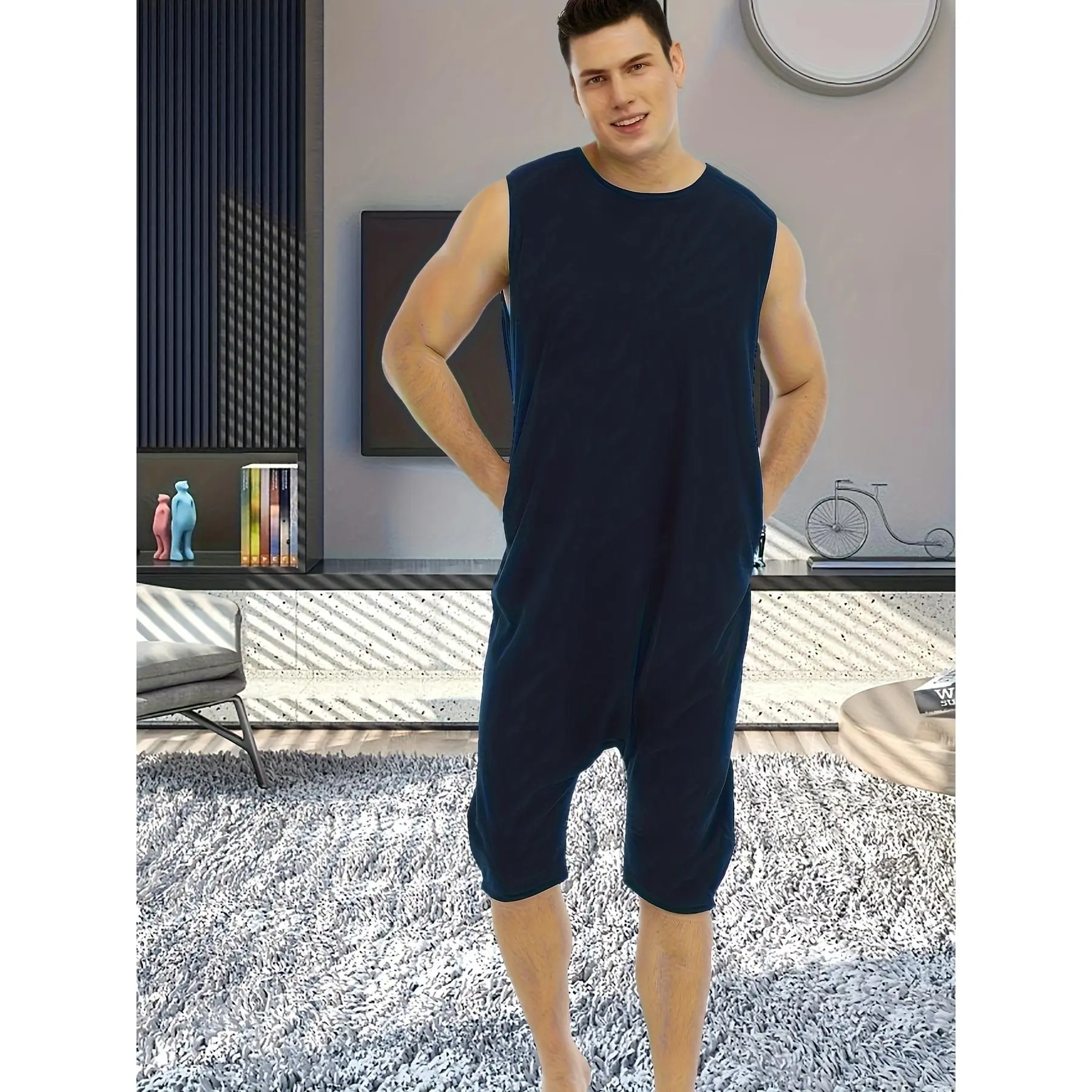 Men's Sleeveless Round Neck One Piece Pajamas Rompers - Lightweight, Easy Sleep, Sky Printing, Toilet Friendly, Comfortable Lounge Wear