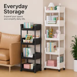 Slim Plastic Rolling Storage Cart with Wheels - 2/3/4/5-Tier Freestanding Movable Organizer Rack for Kitchen, Bathroom, Pantry