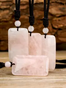Natural Rose Quartz Square Big Pendants Necklaces, Dainty Necklace, Pink Crystal Women Hand Knotted Jewelry, Spring & Summer Beach Vacation, Healing Crystals