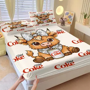 Adorable Drink & Cow Themed Fitted Sheet Set & 2 Pillowcases Without Core, Beige Base Color with a Highland Cow Drinking Soda Pattern, Soft Non-Slip Wrinkle Resistant, Cozy Pet Style Bedroom Decor Gift