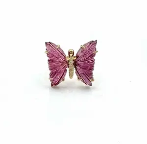 Pink Tourmaline and Diamond Butterfly Ring in Solid 14K Gold