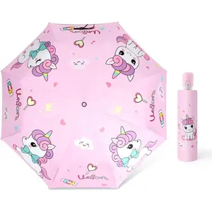 Automatic kids umbrella folding telescopic toddler umbrella for girls boys uvsun protection strong and portable compact durable lightweight cute kitty brolly
