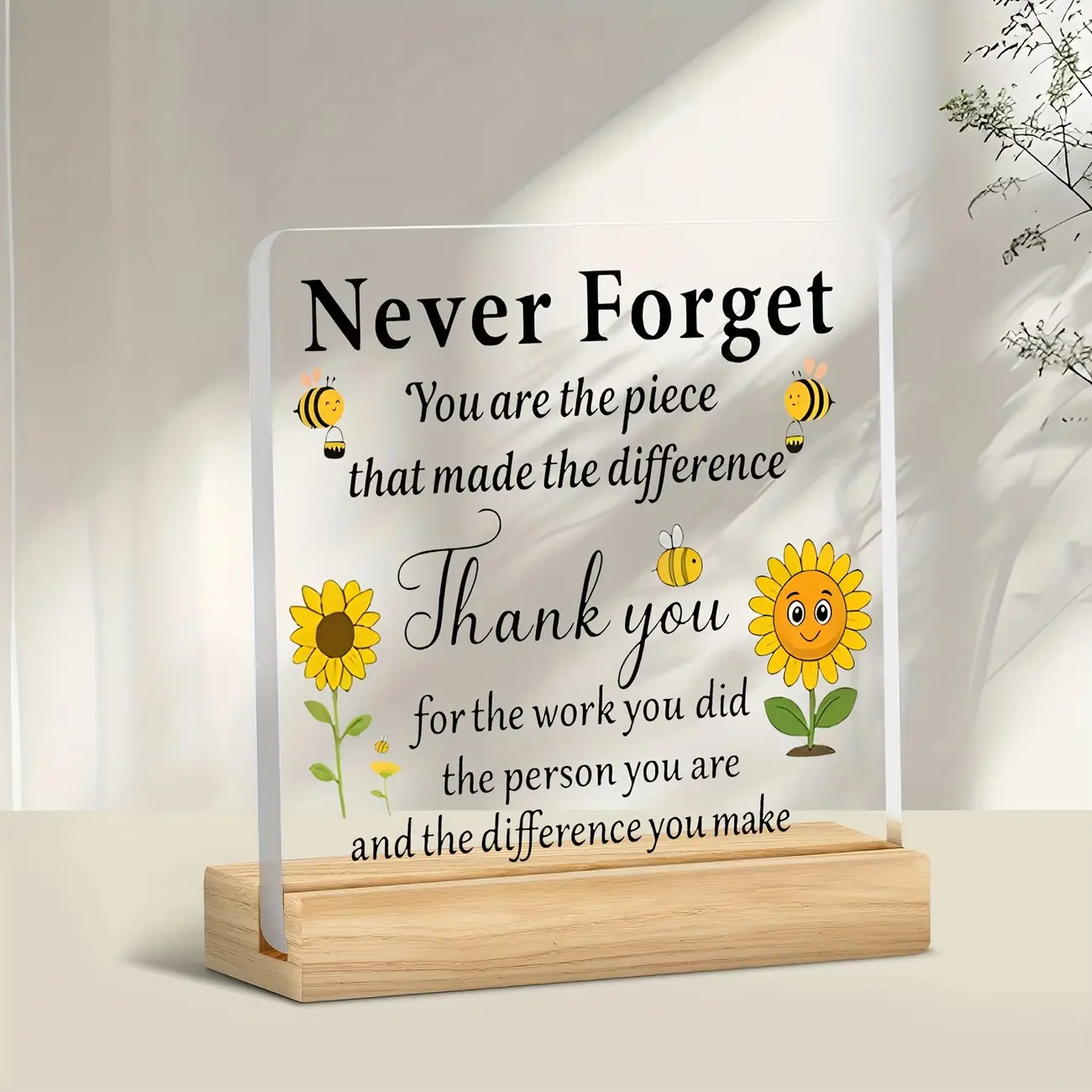 Minimalist 2D Flat Square Acrylic Desk Plaque - Sunflower Bee Thank You Inspirational Table Sign, Appreciation Keepsake Gift for Coworkers, Office Home Decor for Halloween Thanksgiving Christmas