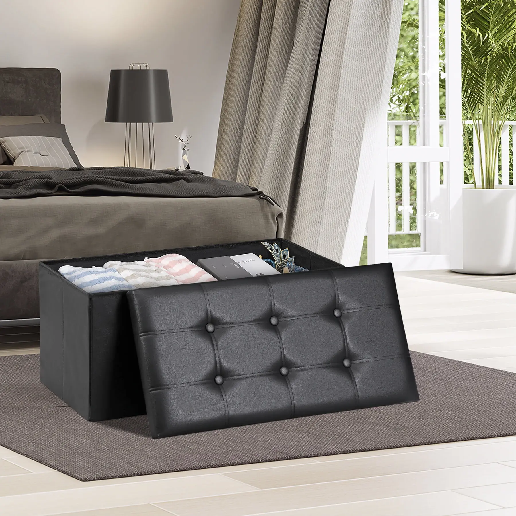Segawe 30" Upholstered Folding Storage Ottoman - Multipurpose Furniture, Heavy Duty Durable Modern Storage Bench, Home Decor Organizer Footstool (Black)