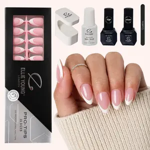 ELLIE YOUNG Pro-Tips Short Almond White French Tips with Pink Base, 160pc Press-On Nails Kit – 16 Sizes, Matte Gel Acrylic Look, Soft Gel DIY Extensions