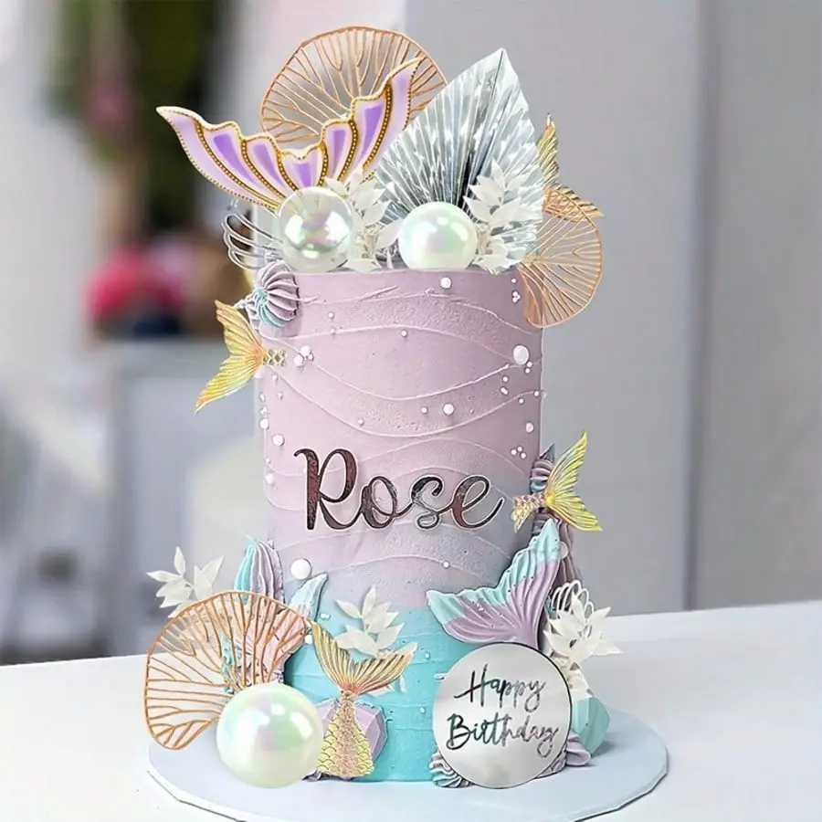 28-Piece Mermaid Tail Cake Decor Set, Cake Decorating Supplies, Seaweed Shells and Gold Ginkgo Leaves, Perfect for Birthday Cake Decorations, Halloween, Christmas Parties, Cake Topper Decorations