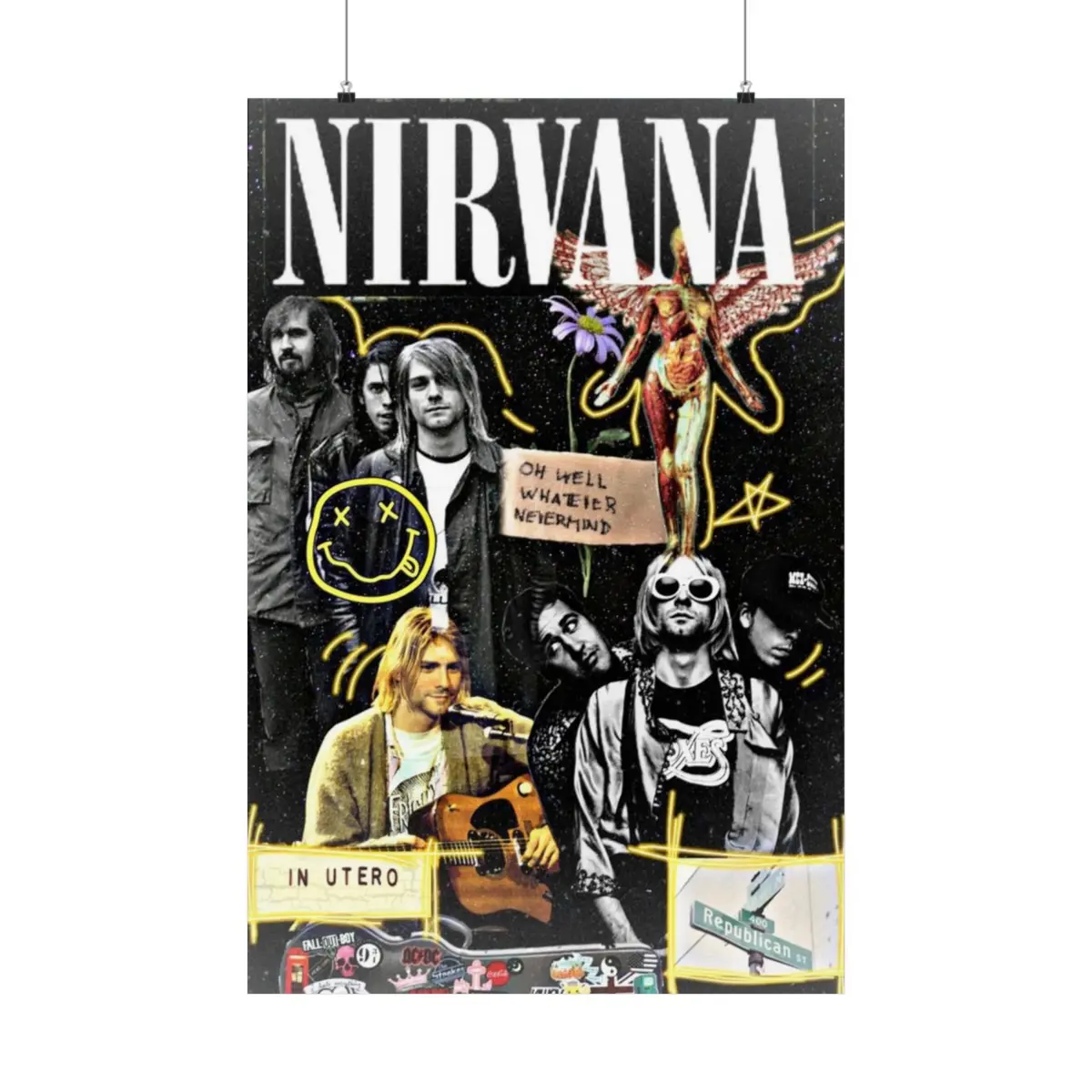 Nirvana Collage Poster, Kurt Cobain Vintage Art Print, Grunge Music Memorabilia, Iconic 90s Rock Band Poster, Gift for Nirvana Fans