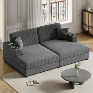 86.5" Oversized Loveseat Chaise Lounge Couch Sectional Sofa Bed Corduroy Sleeper Sofa with Two USB Ports, Two Cup Holders and Two Throw Pillows for Living Room and Bedroom, Indoor Loungers