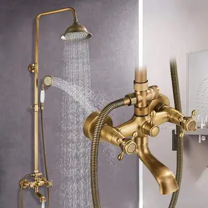 ATSHOWER Antique Brass Shower System Bathroom Shower Faucet Set with 8 Inch Shower Head Handheld Spray and 360 ° Rotation Tub Spout 2 Cross Handles Outdoor Shower Fixtures