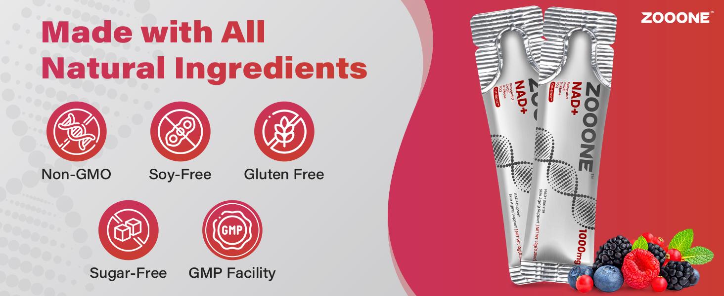 ZOOONE-1000mg NAD+ Berry Flavor Drink Mix for Skin Aging Support, Energy, and Focus - 30 Pack -