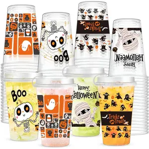 48 count Halloween Plastic Cups 16oz Disposable Clear Drinking Cup with ,4 Style Patterns for Hot and Cold Drinks, Coffee, , Drinks, Ice Cream, Trick or  Halloween Party Decoration Supplies