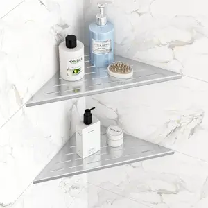 Corner Shower Shelves, 12" Recessed Tile Shower Shelf, 304 Stainless Steel Grout in Corner Tile Shower Shelves, No Drilling, Brushed Nickel, 2 Pack