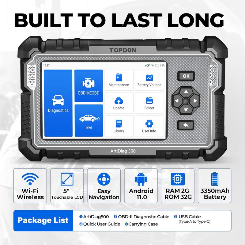 TOPDON AD500 OBD2 Scanner Automotive Diagnostic Scan Tool Oil/SAS/Throttle Reset Engine/ABS/SRS/Transmission, AutoVIN, Car Check Engine Code Reader with Battery Test, Lifetime Wi-Fi Free Update Steering Vehicle Comprehensive Bi-Directional ECU Coding