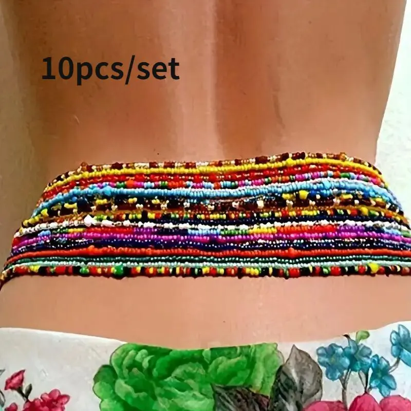 Female 10pcs/set Bohemian Body Chain - Handmade Vibrant Rice Bead Jewelry, Multi-Layered Design, Vintage Waist Chain, Ethnic Beach Party Fashion Accessories