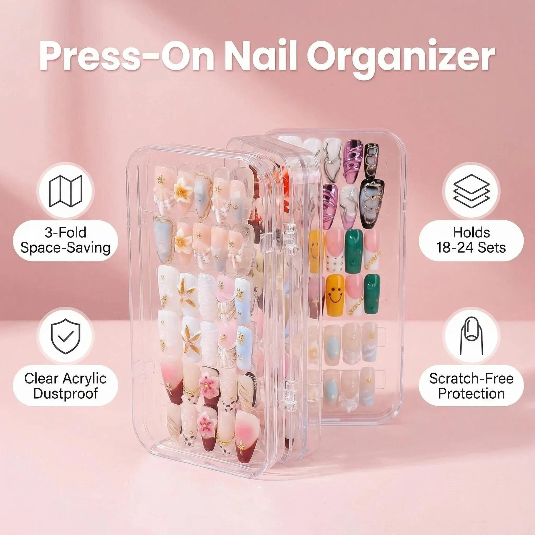 G Nails Spring Capsule Acrylic Press-On Nail Organizer - Tri-Fold Transparent View Storage Case, 1 Organizer Holds 18 Sets, Accessories for Women, 3-Fold, One Organizer