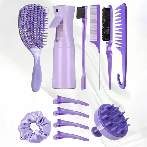 12-Piece Fashionable Grooming Styling Tool Set for Girls, Wet & Dry Hair Styling Combs Kit, Including Sharp Massager Shampoo Brush, Rat Tail Comb, Wide Tooth Comb, Edge Brush, Hair Clips and Satin Scrunchie