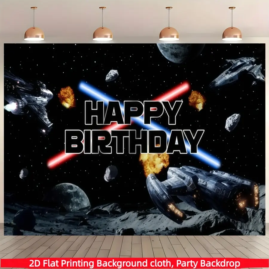 Space battleship war themed birthday background banner, galaxy universe background decoration, suitable for living rooms, bedrooms, offices, birthdays, anniversaries, home decoration, outdoor and indoor parties, photography background cloth