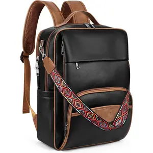 Leather Laptop Backpack, 15.6 Inch Business  Bag, Designer College Backpack Travel Backpack with Colorful  Bag Strap Black Brown