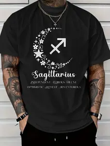 Black T-Shirt with Sagittarius Zodiac Sign and Traits Print for Casual Wear
