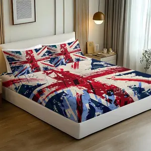 3PCS Grunge Union Jack Fitted Sheet Set, UK Flag British Bed Sheet Set, Soft Microfiber Bedding Set (No Fillers), Vintage Union Jack Printed Mattress Cover for UK Themed Bedroom, Dorm & British Home Decor