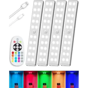 Under Cabinet Lighting  Rechargeable  Operated LED Closet Lights Dimmable Under Counter Lights Bar with Remote, RGB Changing  for Kitchen Bedroom Stairs, 4 Packs